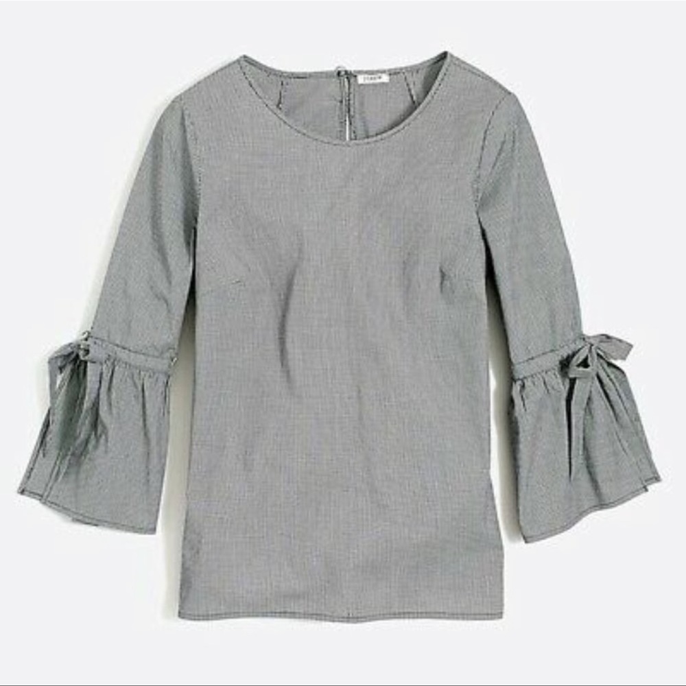 NWOT JCrew Micro Gingham Bell Sleeve Tie Blouse S